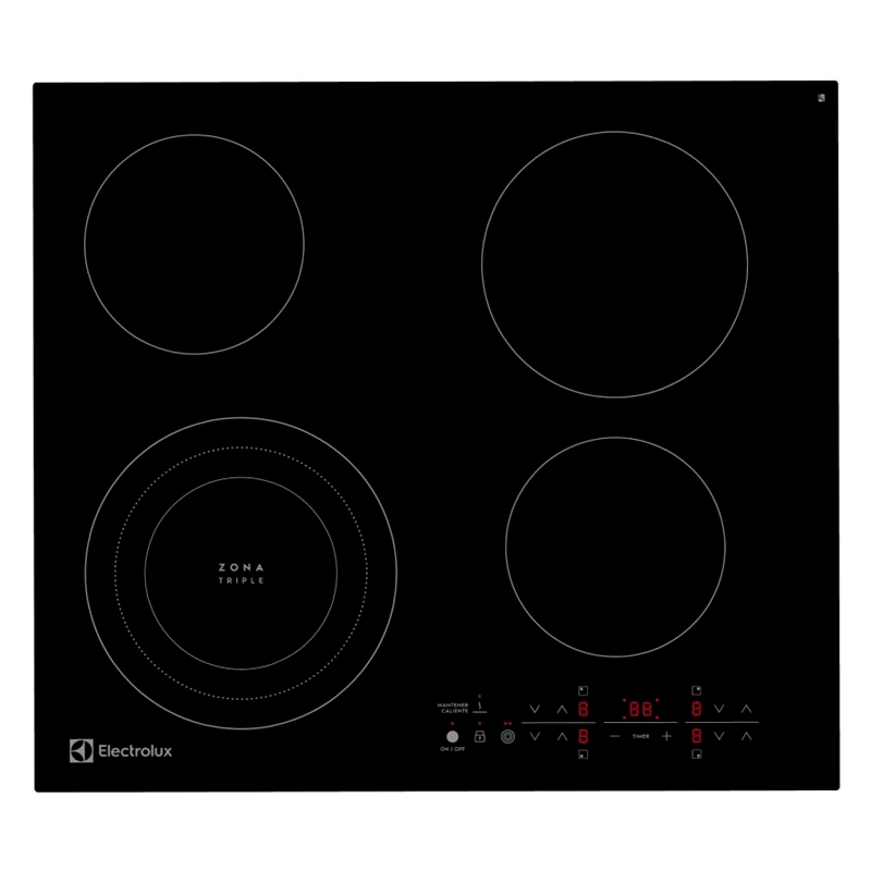 Anafe, anafes, electrico, electricos, Vitroceramico, vitroceramicos, de, empotrar, empotrable, 59, cm, Touch, Triple, Zona, Electrolux, etef24f7erb, novogar, negro.