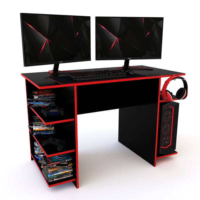 Escritorio, escritorios, Gamer, Delos, para, video, juegos, Con, 4, Estantes, color, Negro, Rojo, DGA01NER, melamina, 120cm, ancho, pc, computadora.