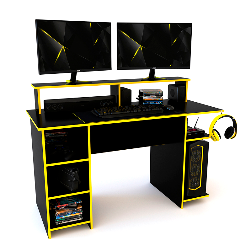 Escritorio, escritorios, Gamer, Delos, con, Alzada, Estantes, Negro, Amarillo, DGA02NEA, para, pc, computadora, 140cm.