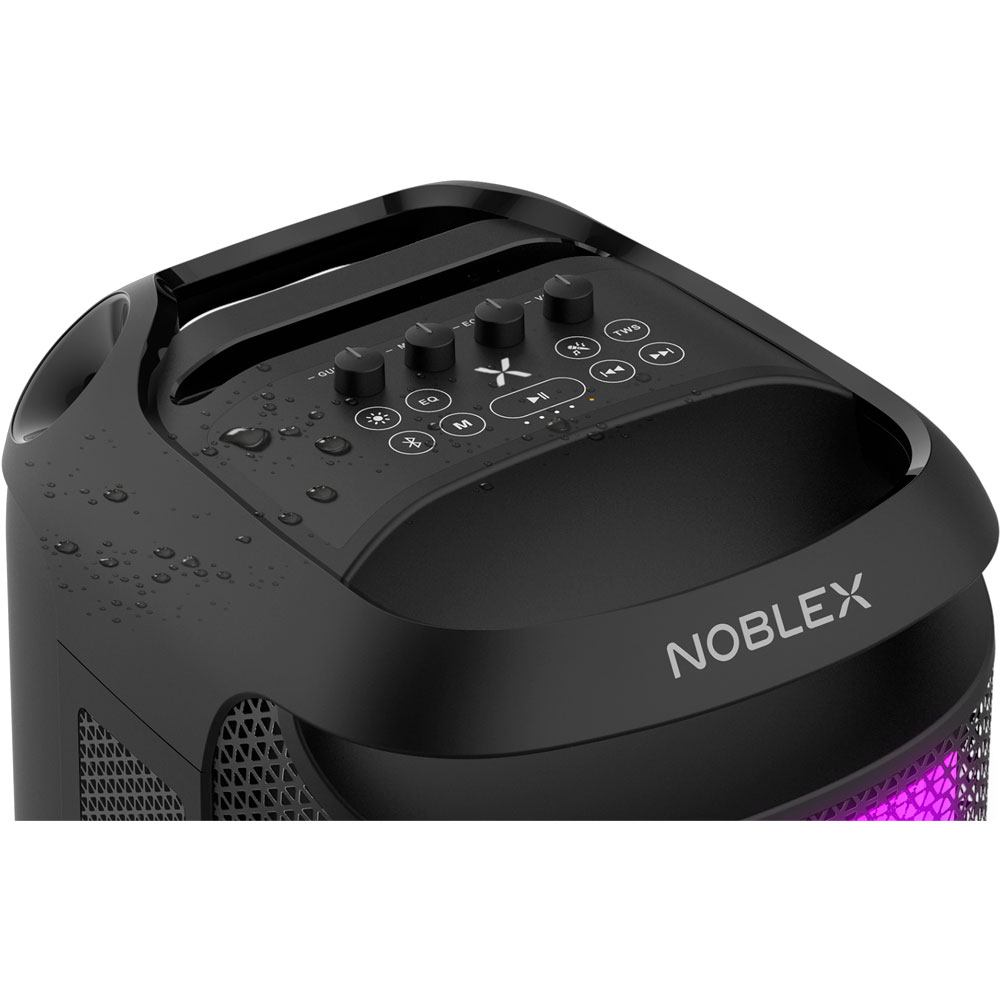 parlante, parlantes, portatil, portatiles, inalambrico, inalambricos, musica, fiesta, para fiesta, fiestas, para fiestas, party, noblex, 5200w, 5200, potencia, bluetooth, IPX4, resistente al agua, MNX1600, con micrófono, microfono, microfonos,.