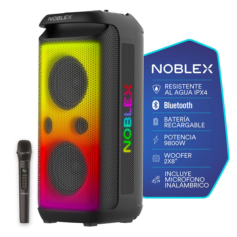 parlante, parlantes, portatil, portatiles, inalambrico, inalambricos, bluetooth, noblex, 9800w, 9800, watts, ipx4, party, MNX1800, con, microfono, microfonos.