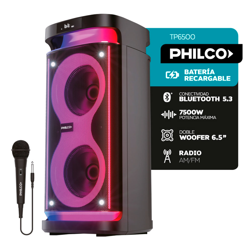 parlante, parlantes, torre de sonido, torres de sonido, sonido, audio, portatil, portatiles, inalambrico, inalambricos, philco, bluetooth, radio fm, con radio, con microfono, microfono, microfonos, TP6500.