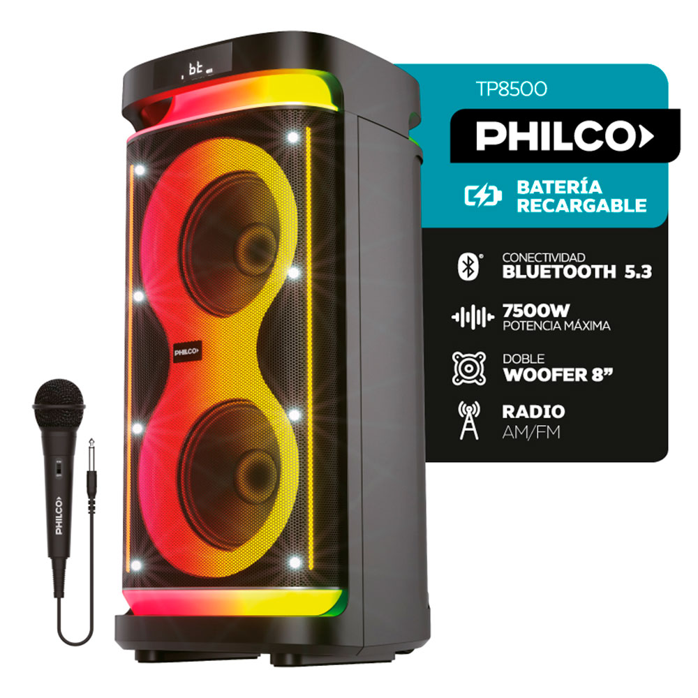 parlante, parlantes, portatil, portatiles, inalambrico, inalambricos, philco, 7500w, 7500, bluetooth, con micrófono, con microfonos, TP8500.